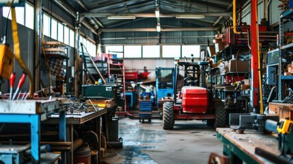Fototapeta premium A workshop scene with agricultural equipment being repaired, showcasing the repair process and machinery