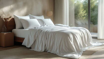 Cozy bedroom with hypoallergenic bedding. Health and wellness concept. Ideal for home d&eacute;cor, bedding ads, wellness publications, and hotel marketing