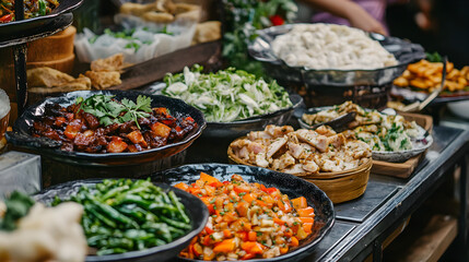Obraz premium Street Food Buffet: Asian Cuisine, Delicious Dishes, Culinary Delights, Vibrant Colors, Exotic Flavors
