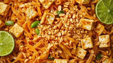 Delicious pad thai with tofu and peanuts vibrant kitchen food photography culinary delight close-up view flavorful experience