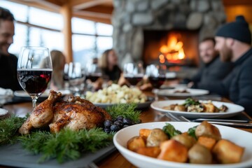 A beautiful communal feast featuring roasted chicken and assorted vegetables, set around a rustic table with attentive guests enjoying the warm, festive ambiance.