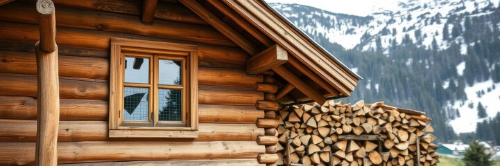 Firewood neatly stacked against the wall of a traditional wooden mountain hut in Tyrol, Austria, wooden, mountain hut