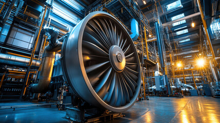 A close-up of a large jet engine in a modern industrial facility, showcasing intricate details and a well-lit environment.