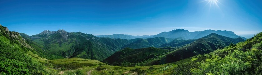 Naklejka premium Scenic mountain landscape with a clear blue sky and lush greenery Nature