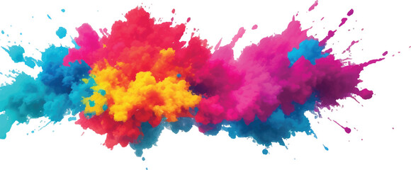 A vibrant explosion of multicolored powder creates a stunning, colorful cloud against a white background, capturing the energy and beauty of a Holi-inspired paint burst.