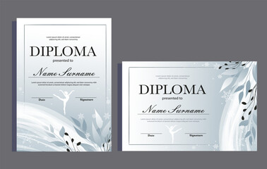 Winter white and gray diploma templates set. Certificates with snowflakes, graphic monochromic cold colours, frozen background. Sport, competition design