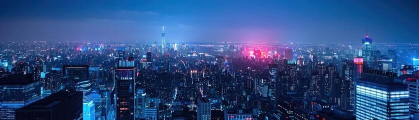 Fototapeta premium Scenic view of a city skyline at night with bright lights Urban