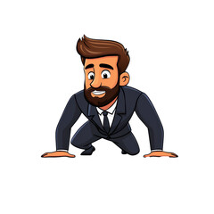 Cartoon man in suit doing push ups with focused determination, showcasing strength and motivation. fun and energetic illustration perfect for fitness themes
