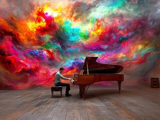 Virtuoso Pianist Performs on Grand Piano Amid Swirling Colorful Abstract Expressions