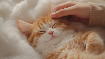 Obraz premium A person is petting an orange and white cat. The hand is touching the cat's head, and the cat is lying on soft fur with its eyes closed.
