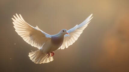 Image shows a white dove flying with wings spread against a warm background. Lighting highlights the bird, casting a shadow for effect.