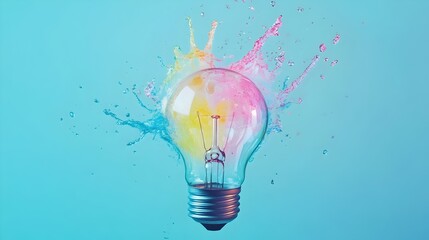 A creative idea featuring a light bulb bursting with vibrant watercolors set against a light blue backdrop.  Think different, creative idea. Productivity and creativity