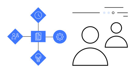 Flowchart connected by lines with icons representing a team, clock, document, gear, and lightbulb. Two outline heads on the right. Ideal for business planning, project management, brainstorming