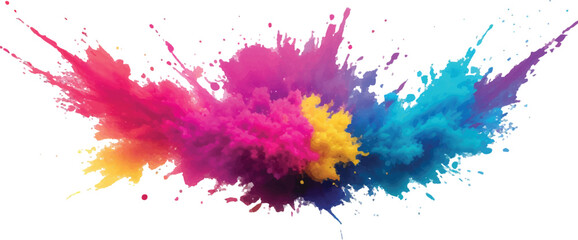 A vibrant explosion of multicolored powder creates a stunning, colorful cloud against a white background, capturing the energy and beauty of a Holi-inspired paint burst.