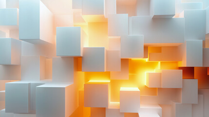 Abstract 3d background, wall of white cubes from under which shines yellow light