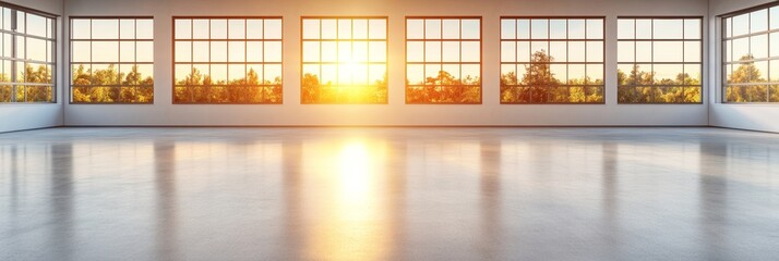 Sunrise illuminates a spacious, minimalist room with expansive windows showcasing a tranquil landscape. Warm, golden light bathes the polished floor.