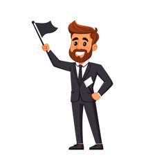 cartoon man in suit holding black flag, standing confidently. His cheerful expression conveys sense of triumph and achievement