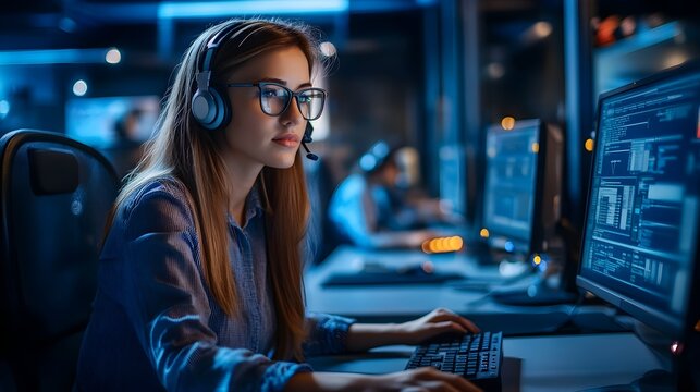 Young female technical support dispatcher working in a call center office at night using computers and wearing headsets for customer service support or sales