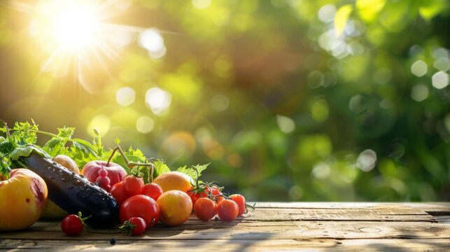 A sunny garden scene with a table of fresh fruits and veggies, creating a warm, inviting, and nostalgic ambiance.