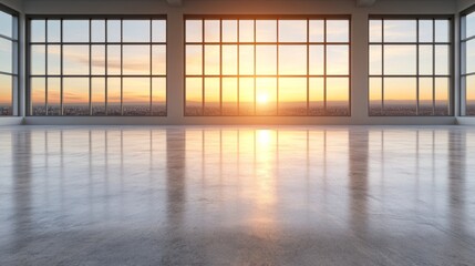 Fototapeta premium Sunrise illuminates a spacious, modern interior with expansive windows offering a panoramic city view. Warm, golden light bathes the polished concrete floor.