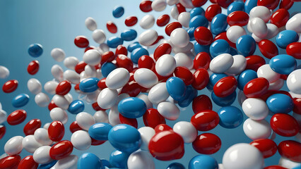 A bunch of pills are flying through the air, some of them are red and white. Concept of chaos and disorder, as the pills are scattered in all directions