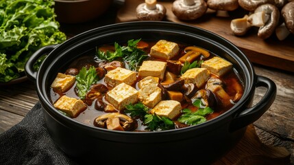 Delicious tofu and mushroom stew recipe cozy kitchen food photography rustic setting culinary inspiration