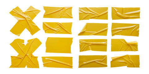 Variety of Yellow Tape Shapes and Patterns, set collection, mega bundle, isolated on transparent background