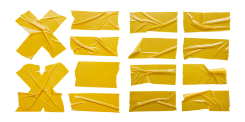 Variety of Yellow Tape Shapes and Patterns, set collection, mega bundle, isolated on transparent background