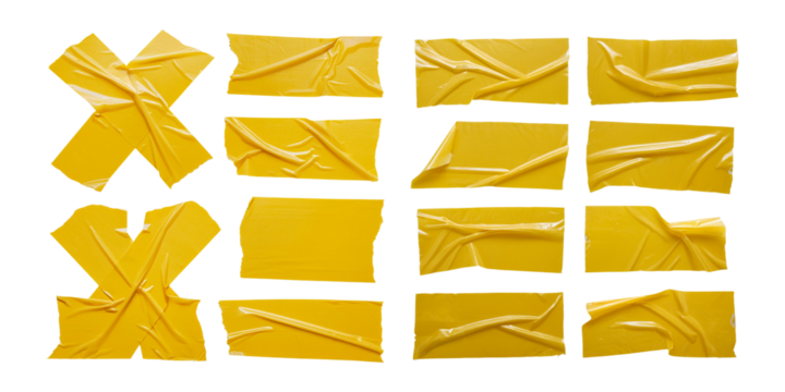 Variety of Yellow Tape Shapes and Patterns, set collection, mega bundle, isolated on transparent background