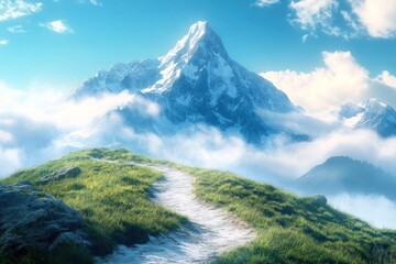 Naklejka premium Majestic Mountain Peak Path Winding Through Grassy Hill