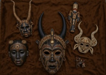 Fototapeta premium Collection of traditional African masks with intricate designs, symbolizing cultural heritage on a dark background