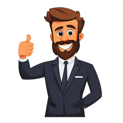 Cartoon man in suit giving thumbs up, expressing enthusiasm and positivity. His cheerful demeanor and stylish appearance make him great representation of success and confidence