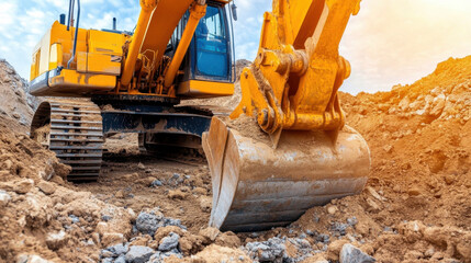 Obraz premium A yellow excavator digging into the ground, surrounded by dirt and rocks, under a clear blue sky.