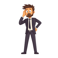 cartoon man in suit looks confused while scratching his head, expressing uncertainty. His puzzled expression adds humorous touch to professional attire