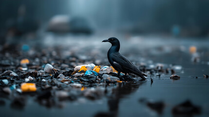 seabird amidst plastic waste on polluted shoreline, highlighting the devastating impact of microplastics on marine wildlife