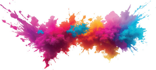 A vibrant explosion of multicolored powder creates a stunning, colorful cloud against a white background, capturing the energy and beauty of a Holi-inspired paint burst.