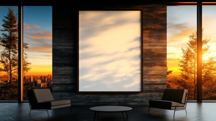 Two modern armchairs face a large blank canvas in a room with floor-to-ceiling windows showcasing a breathtaking sunset over a cityscape.