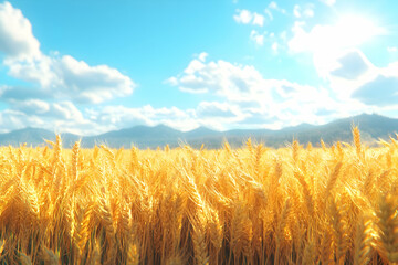 Realistic Illustration Golden Wheat Field Sunny Sky Clouds Mountains