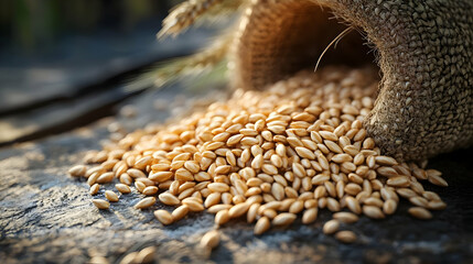 Obraz premium Realistic Photo Wheat Grains Spilling from Burlap Sack