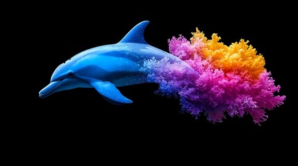 Playful Dolphin Leaping Out of the Ocean with Vibrant Splashes of Colorful Marine Life Surrounding It in a Dynamic Underwater Scene