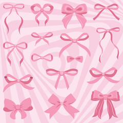 Vintage pink ribbons and bows. Valentines day. Simple hand drawn pink ribbon bow collection. Bowknot for decoration, set of pinky bowtie. Ribbon illustration set. Ice cream dessert pink background set