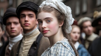 Fototapeta premium Group of people in period clothing gathering in a stonelined street focused expressions highlighting unity and historical significance