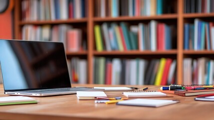 A wooden desk close-up with a laptop, several notepads, and pens scattered, with a blurry bookshelf background filled with books.