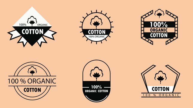 Cotton, organic 100 icon, flower vector logo for eco and natural bio soft fabric. 100 percent cotton badge for textile clothes, green vegan cosmetics and sanitary hygienic pads or tampons