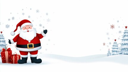 A cheerful Santa Claus stands beside decorated Christmas trees and presents, set against a snowy background, evoking holiday spirit.