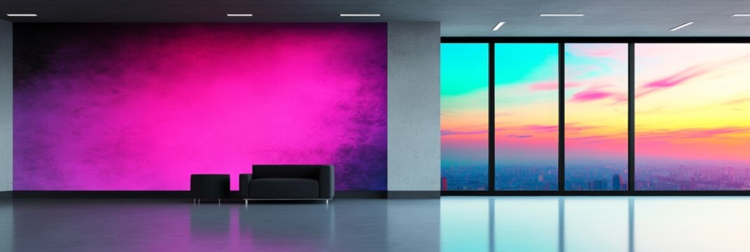 Modern minimalist interior design featuring a vibrant pink and purple wall, contrasting with a tranquil sunset view from expansive windows.  A black sofa adds a touch of sophistication.