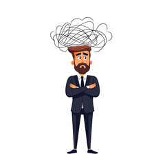 cartoon man in suit stands with crossed arms, looking confused and overwhelmed by cloud of tangled thoughts above his head