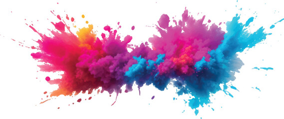 A vibrant explosion of multicolored powder creates a stunning, colorful cloud against a white background, capturing the energy and beauty of a Holi-inspired paint burst.