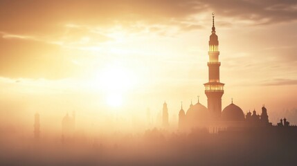 Serene Pilgrimage at a Crowded Mosque at Sunset