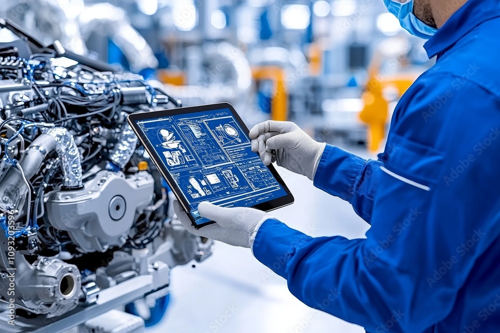 Poster industry control concept with hands holding a tablet against a blurred automation machine